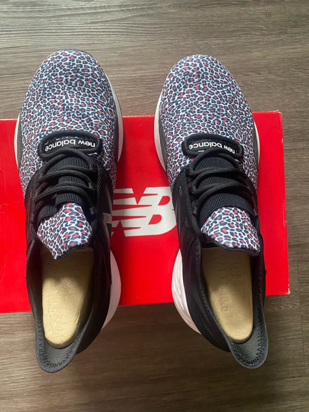New Balance Leopard-Print Trainers in Black, White, Red